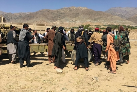 Taliban soldiers gather with weapons and machinery in Panjshir province northeastern of Afghanistan(AP)