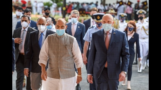 Defence minister Rajnath Singh with his Australian counterpart Peter Dutton, during the Guard of honour in New Delhi on Friday. (PTI) Defence minister Rajnath Singh with his Australian counterpart Peter Dutton, during the Guard of honour in New Delhi on Friday. (PTI)