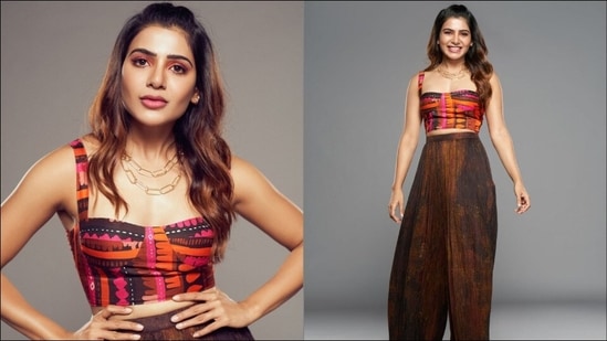 Samantha Ruth Prabhu aces a wild weekend look in satin bustier, chiffon palazzo pants.