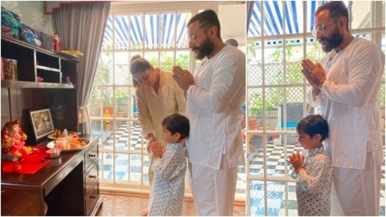 Kareena Kapoor Khan, Saif Ali Khan and Taimur Ali Khan twinned in white as they join their hands to seek blessing from Lord Ganesha on the occasion of Ganesh Chaturthi. She captioned her Instagram post as, "Celebrating Ganesh Chaturthi with the loves of my life and Tim Tim’s cute little clay Ganpati. Happy Ganesh Chaturthi."(Instagram/@kareenakapoorkhan)