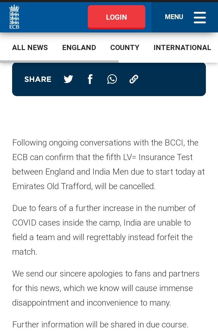 Initial statement issued by the ECB on cancellation of 5th Test which say India have forfieted the game (Twitter)