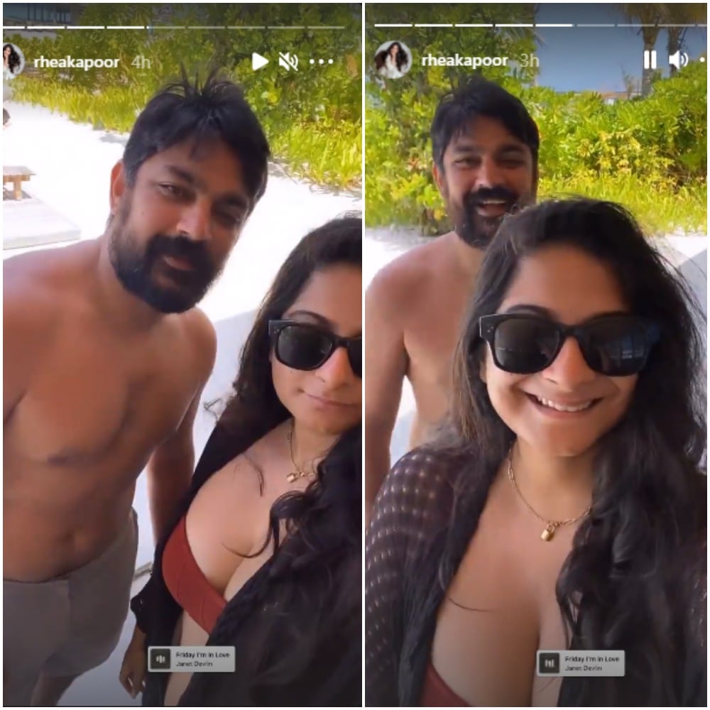 Rhea Kapoor and her husband Karan Boolani pose for a video together. Rhea Kapoor and her husband Karan Boolani pose for a video together.