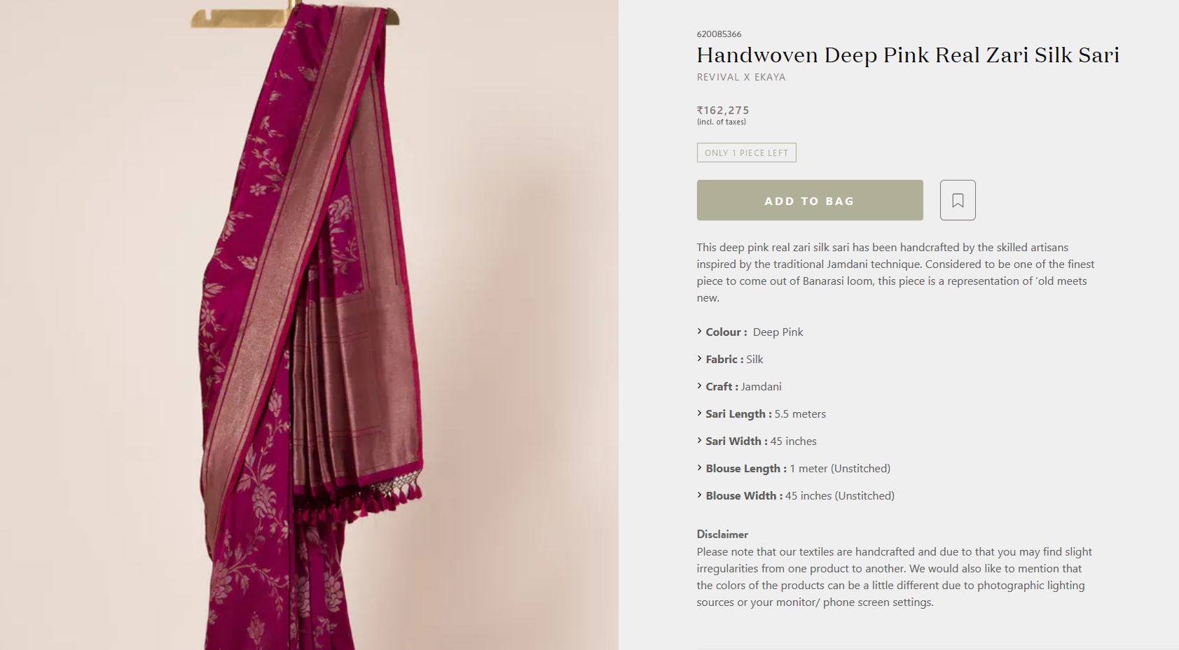 Yami Gautam's handwoven deep pink zari silk sari from Ekaya(ekaya.in)