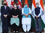 The leaders of India and Australia before the beginning of the 2+2 dialogue in New Delhi. The leaders of India and Australia before the beginning of the 2+2 dialogue in New Delhi.