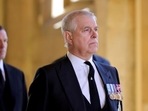 Britain's Prince Andrew, Duke of York, looks on during the funeral of Britain's Prince Philip on the grounds of Windsor Castle in Windsor, Britain, April 17, 2021.&nbsp;