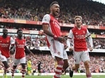Pierre-Emerick Aubameyang celebrates scoring for Arsenal.&nbsp;
