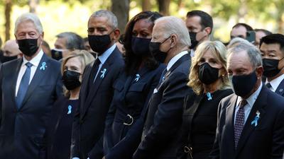 (L-R) Former president Bill Clinton, former first lady Hillary Clinton, former president Barack Obama, former first lady Michelle Obama, President Joe Biden, First Lady Jill Biden and former New York City mayor Michael Bloomberg attend the annual 9/11 commemoration ceremony in New York, on Saturday. (AFP) (L-R) Former president Bill Clinton, former first lady Hillary Clinton, former president Barack Obama, former first lady Michelle Obama, President Joe Biden, First Lady Jill Biden and former New York City mayor Michael Bloomberg attend the annual 9/11 commemoration ceremony in New York, on Saturday. (AFP)
