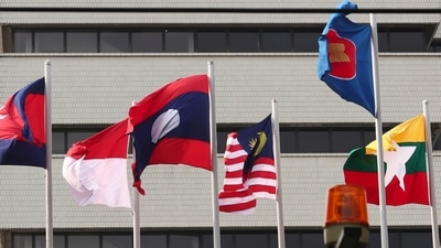In this April 22, 2021, file photo, flags of some of the ASEAN member countries fly at the ASEAN Secretariat in Jakarta, Indonesia. (AP Photo/Tatan Syuflana, File) (AP)