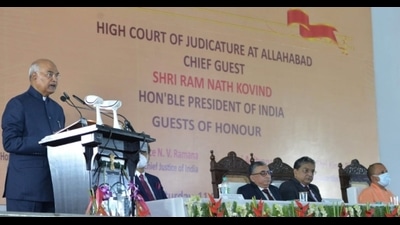 President Ram Nath Kovind speaking at the function after laying the foundation stone of the Uttar Pradesh National Law University in Prayagraj and a new building complex of the Allahabad High Court, on Saturday. (HT Photo) President Ram Nath Kovind speaking at the function after laying the foundation stone of the Uttar Pradesh National Law University in Prayagraj and a new building complex of the Allahabad High Court, on Saturday. (HT Photo)
