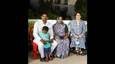 Ritu Singh and her husband Dharam Vir Singh with Congress national general secretary Priyanka Gandhi Vadra at UPCC headquarters in Lucknow on Saturday. (Sourced)