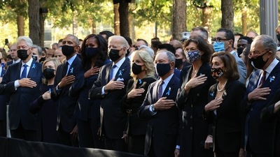 US former President Bill Clinton, former First Lady Hillary Clinton, former President Barack Obama, former First Lady Michelle Obama, President Joe Bien, First Lady Jill Biden, former New York City Mayor Michael Bloomberg, Bloomberg's partner Diana Taylor, Speaker of the House Nancy Pelosi (D-CA) and and Senate Minority Leader Charles Schumer (D-NY) stand for the national anthem during the annual September 11 Commemoration Ceremony at the National 9/11 Memorial and Museum in New York City, US. (AFP) US former President Bill Clinton, former First Lady Hillary Clinton, former President Barack Obama, former First Lady Michelle Obama, President Joe Bien, First Lady Jill Biden, former New York City Mayor Michael Bloomberg, Bloomberg's partner Diana Taylor, Speaker of the House Nancy Pelosi (D-CA) and and Senate Minority Leader Charles Schumer (D-NY) stand for the national anthem during the annual September 11 Commemoration Ceremony at the National 9/11 Memorial and Museum in New York City, US. (AFP)
