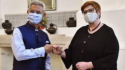 External affairs minister S Jaishankar welcomes Australian foreign minister Marise Payne with a fist bump, in New Delhi on Saturday. (ANI Photo) External affairs minister S Jaishankar welcomes Australian foreign minister Marise Payne with a fist bump, in New Delhi on Saturday. (ANI Photo)