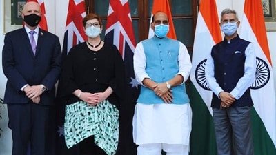 The leaders of India and Australia before the beginning of the 2+2 dialogue in New Delhi.