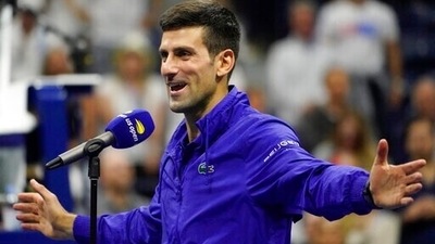 Novak Djokovic, of Serbia, speaks after defeating Alexander Zverev, of Germany, during the semifinals of the US Open tennis championships, Friday, Sept. 10, 2021, in New York. (AP) Novak Djokovic, of Serbia, speaks after defeating Alexander Zverev, of Germany, during the semifinals of the US Open tennis championships, Friday, Sept. 10, 2021, in New York. (AP)
