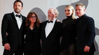 Nicole Holofcener, director Ridley Scott and actors Ben Affleck, Matt Damon and Jodie Comer. (REUTERS)
