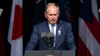 Former US President George W. Bush pauses as he speaks during a 9/11 commemoration at the Flight 93 National Memorial in Shanksville, Pennsylvania on September 11, 2021. (Photo by MANDEL NGAN/AFP)