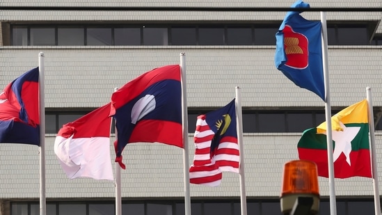 In this April 22, 2021, file photo, flags of some of the ASEAN member countries fly at the ASEAN Secretariat in Jakarta, Indonesia. (AP Photo/Tatan Syuflana, File)(AP)