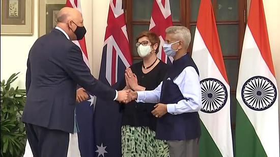External Affairs Minister S Jaishankar and Defence Minister Rajnath Singh welcome their Australian counterpart Peter Dutton and Marise Payne at Hyderabad House in New Delhi on Saturday. (ANI PHOTO.)