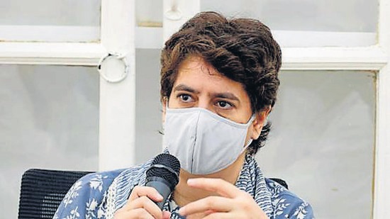 Congress general secretary Priyanka Gandhi Vadra speaking at a party meeting in Lucknow where the organisation’s preparedness for the Uttar Pradesh assembly election was reviewed. (ANI Photo)
