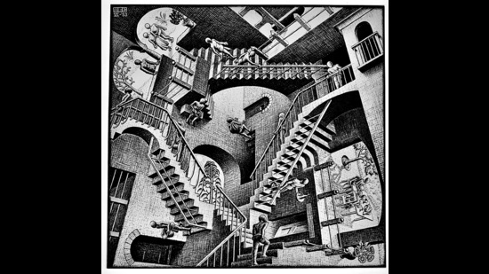 Relativity by MC Escher. Fake-news conspiracy theories can make you feel like you’re getting somewhere, but you never really are.