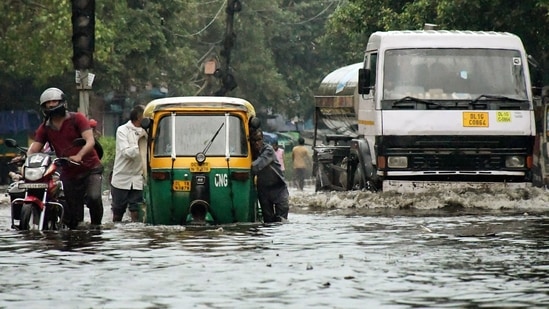 As per Delhi Police, there is three-four feet of waterlogging in Rani Kheda Under Pass and traffic is affected. The police have urged the commuted to avoid using these routes.(ANI)