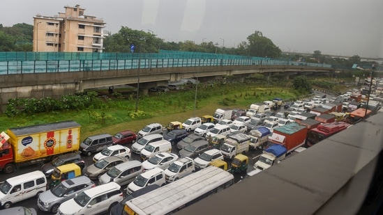 Traffic jam at Dhaula Kuan area after heavy rain lashed several parts of New Delhi on September 11.(PTI)