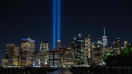 The annual 'Tribute in Light' marking the 20th anniversary of the 9/11 attacks on the World Trade Center shines within lower Manhattan's skyline in New York.(AFP Photo) The annual 'Tribute in Light' marking the 20th anniversary of the 9/11 attacks on the World Trade Center shines within lower Manhattan's skyline in New York.(AFP Photo)