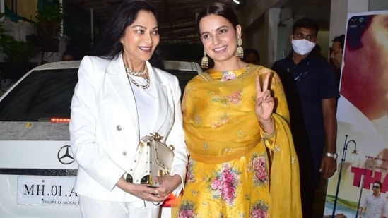 Simi Garewal with Kangana Ranaut at Thalaivii screening on Friday. (Varinder Chawla)