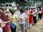 Strict adherence to Covid-19 measures was taken by the students and the school authorities. as students arrived to appear for NEET exam 2021.(ANI) Strict adherence to Covid-19 measures was taken by the students and the school authorities. as students arrived to appear for NEET exam 2021.(ANI)
