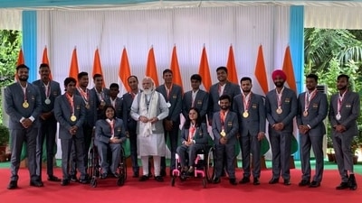Prime Minister Narendra Modi celebrating India's historic success at the 2020 Tokyo Paralympics with the athletes. (Photo via www.narendramodi.in) Prime Minister Narendra Modi celebrating India's historic success at the 2020 Tokyo Paralympics with the athletes. (Photo via www.narendramodi.in)