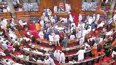 Opposition MPs create uproar in Rajya Sabha during the Monsoon Session of Parliament, in New Delhi. (ANI file photo)