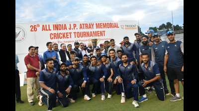 Players from HPCA celebrating after winning the 26th JP Atray Memorial Cricket Tournament. (HT photo)