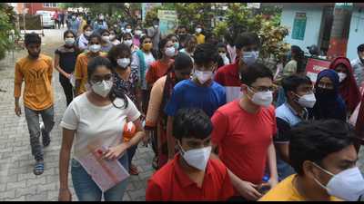 Candidates coming out from examination centre after taking the NEET exam at Kendriya Vidyalaya, Gomti Nagar, in Lucknow, on Sunday. (HT Photo)