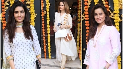 Karishma Tanna, Sussanne Khan and Neelam Kothari Soni at Ekta Kapoor's home for Ganpati darshan. (Varinder Chawla)