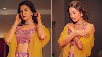 Gauahar Khan in sleeveless blouse and lehenga is the most stunning bridesmaid ever (Instagram) Gauahar Khan in sleeveless blouse and lehenga is the most stunning bridesmaid ever (Instagram)