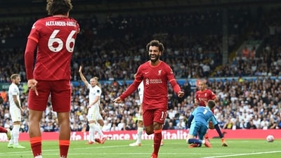 Mohamed Salah of Liverpool celebrates after scoring. (Getty) Mohamed Salah of Liverpool celebrates after scoring. (Getty)