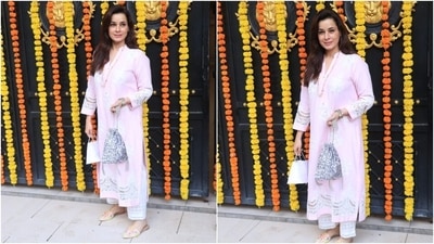 Neelam Kothari looked beautiful in a simple embroidered pink salwar suit. (HT Photo/Varinder Chawla)