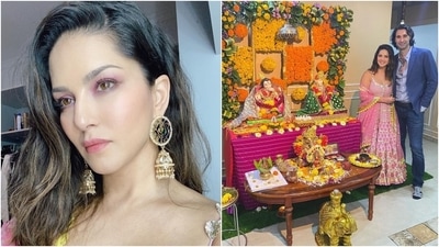 Sunny chose a pink and white floral printed anarkali set for the festive occasion. The actor wore a fit-and-flare spaghetti-strapped kurta adorned with gold foil gotta embroidery and teamed it with printed flared pants. She rounded it off with a matching pink dupatta that was decorated with gold scallop borders and tassels. (Instagram/@sunnyleone)