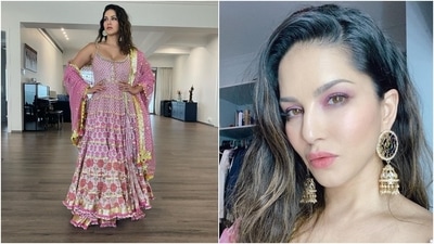 Sunny wore statement-worthy gold drop earrings to accessorise the ethnic look. The star left her locks open in a side parting, and for glam, went with a glossy pink lip shade, blush pink shimmery eye shadow, blushed cheeks and glowing skin. (Instagram/@sunnyleone) Sunny wore statement-worthy gold drop earrings to accessorise the ethnic look. The star left her locks open in a side parting, and for glam, went with a glossy pink lip shade, blush pink shimmery eye shadow, blushed cheeks and glowing skin. (Instagram/@sunnyleone)