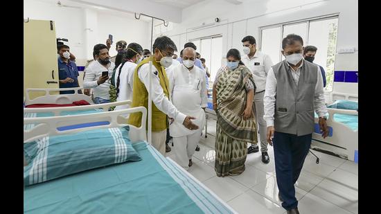 Karnataka chief minister Basavaraj Bommai during the inauguration of a 48-bed facility & 250 LPM oxygen plant at KSRTC Hospital in Bengaluru on Sunday. (PTI)