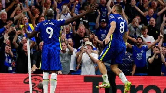 Chelsea's Romelu Lukaku, left, celebrates after scoring his side's third goal during the English Premier League match between Chelsea and Aston Villa (AP)