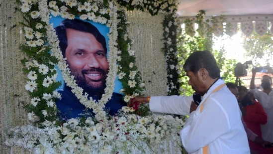 Lok Janshakti Party chief Pashupati Kumar Paras paid his tributes to the party's founder, Ram Vilas Paswan, on the latter's birth anniversary earlier this year in Patna.&nbsp;(File Photo / PTI)