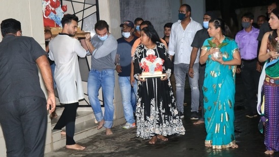 Sohail Khan, Aayush Sharma and Arpita Khan during Ganpati Visarjan at her home.