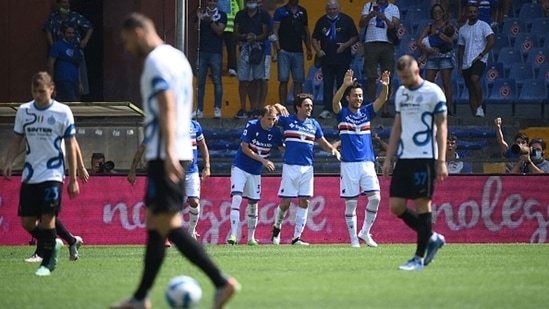 Sampdoria's Italy's defender Tommaso Augello (C) celebrates after scoring his team's second goal. (Getty) Sampdoria's Italy's defender Tommaso Augello (C) celebrates after scoring his team's second goal. (Getty)