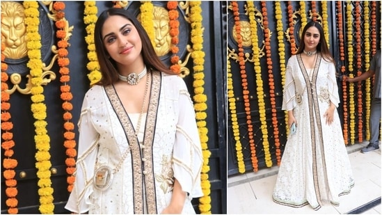 Krystle D'Souza is an epitome of royalty as she posed in a long white embellished Indian attire.(HT Photo/Varinder Chawla)