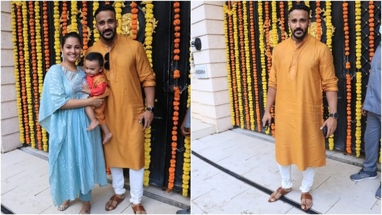 Anita Hassandani and her husband Rohit Reddy posed for the shutterbugs outside Ekta Kapoor's residence.(HT Photo/Varinder Chawla)