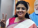 BJP's Priyanka Tibrewal flashes the victory sign after the announcement of her name as the party candidate for Bhawanipore Assembly constituency at the state BJP headquarters in Kolkata. (PTI PHOTO.)(HT_PRINT) BJP's Priyanka Tibrewal flashes the victory sign after the announcement of her name as the party candidate for Bhawanipore Assembly constituency at the state BJP headquarters in Kolkata. (PTI PHOTO.)(HT_PRINT)