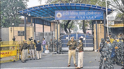 New Delhi, India - March 20, 2020: Police personnel seen as people gather to celebrate after four convicts in the December 2012 gang rape case were hanged at 5:30am in Tihar jail, at Tihar Village in New Delhi, India, on Friday, March 20, 2020. (Photo by Biplov Bhuyan/ HT Archive) (Biplov Bhuyan/HT Archive) New Delhi, India - March 20, 2020: Police personnel seen as people gather to celebrate after four convicts in the December 2012 gang rape case were hanged at 5:30am in Tihar jail, at Tihar Village in New Delhi, India, on Friday, March 20, 2020. (Photo by Biplov Bhuyan/ HT Archive) (Biplov Bhuyan/HT Archive)