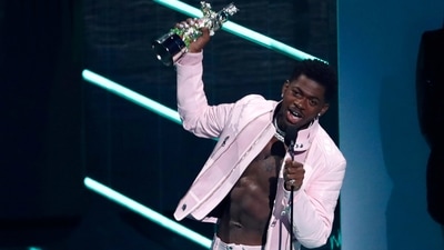 Lil Nas X accepts the award for Best Direction for Montero (Call Me by Your Name) at the VMAs.&nbsp; (REUTERS)