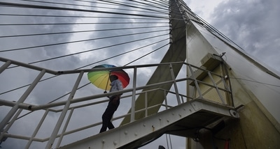 The stairs leading to the gate of Delhi's Signature Bridge lift (Raj K Raj/HT Photo) The stairs leading to the gate of Delhi's Signature Bridge lift (Raj K Raj/HT Photo)